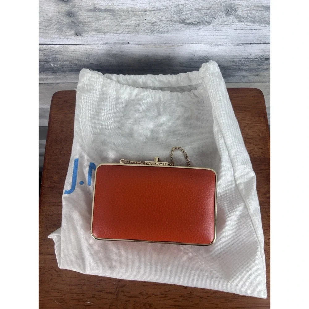 J McLaughlin Vintage Orange Pebbled Leather Box Clutch Gold Frame Chain Bag